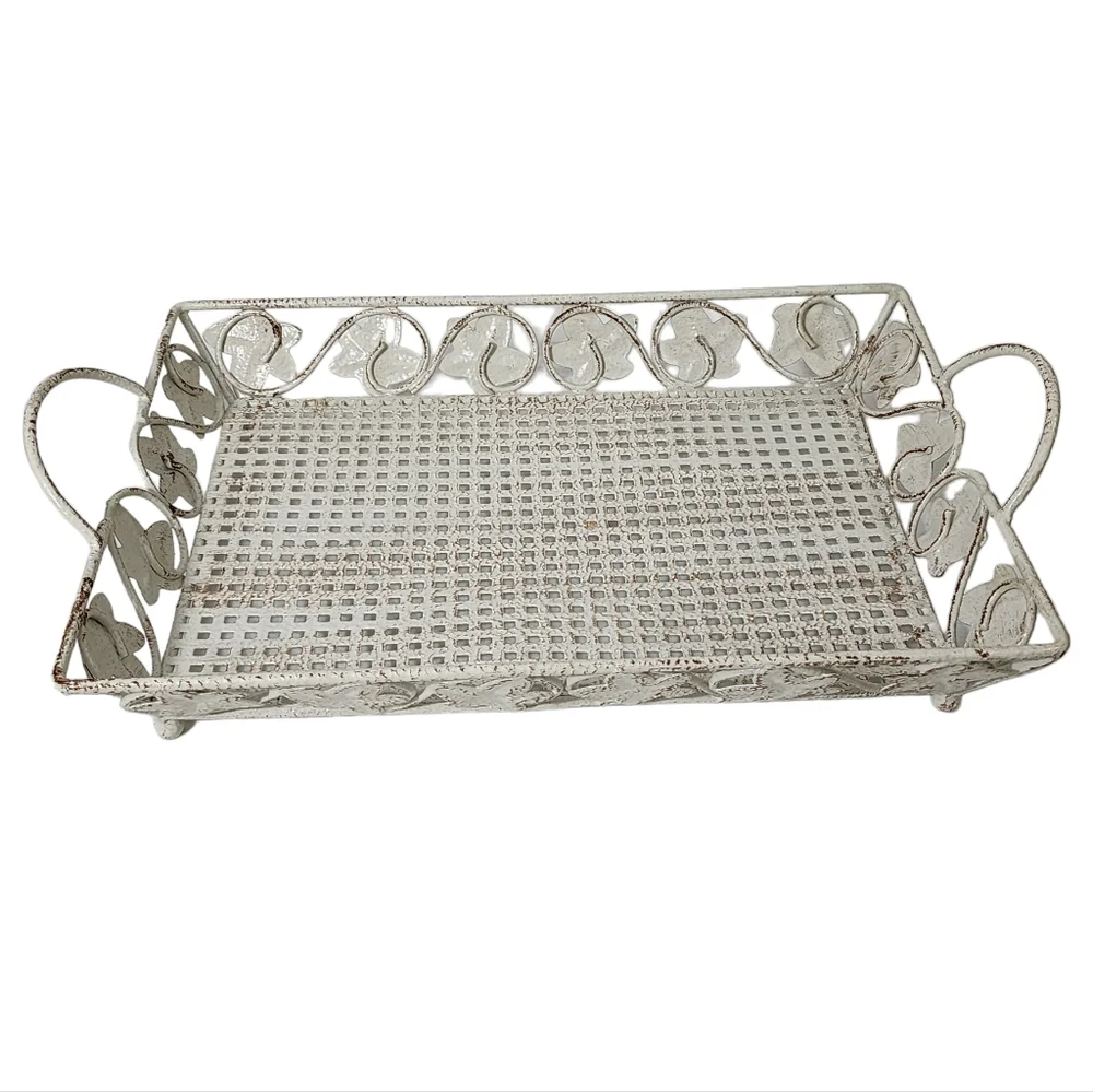 Vintage Style Shabby Chic Metal Footed Tray‎ Basket Like New